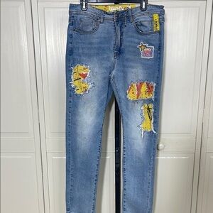 Born Fly Men’s Yellow and Red Art Patchwork Slim Straight Jeans Sz 34